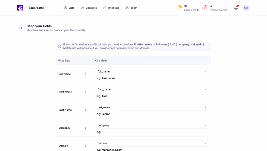 Wiza Import Data Mapping