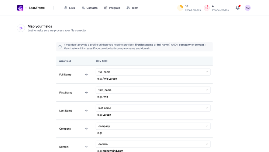 Wiza Import Data Mapping