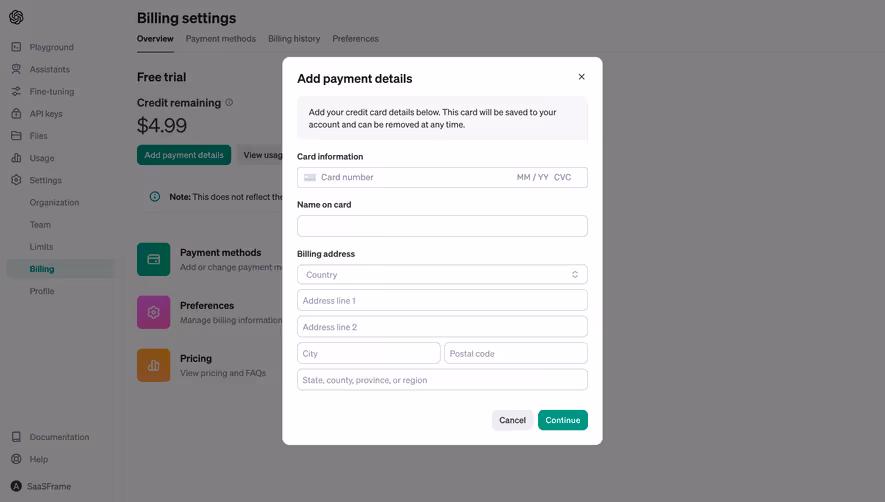 OpenAI Add Payment Details