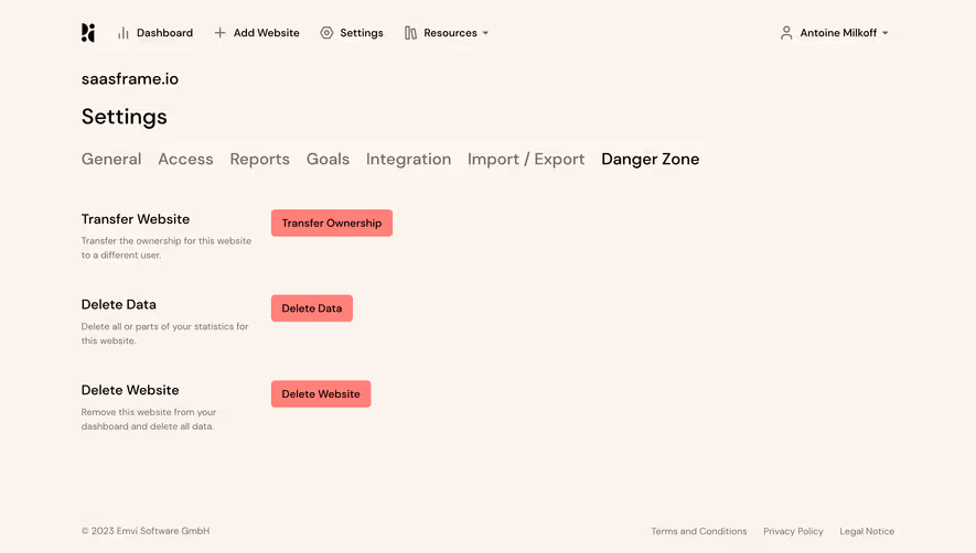 Pirsch Analytics Danger Zone Settings