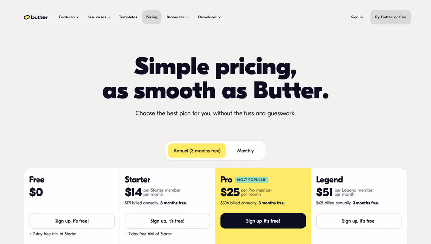 Butter Pricing Page