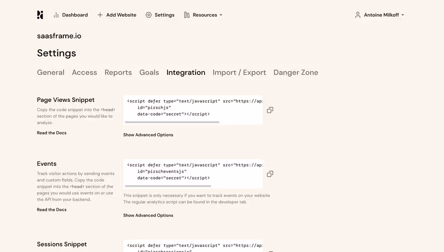 Pirsch Analytics Integration Settings