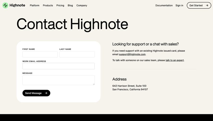 Highnote Contact Page