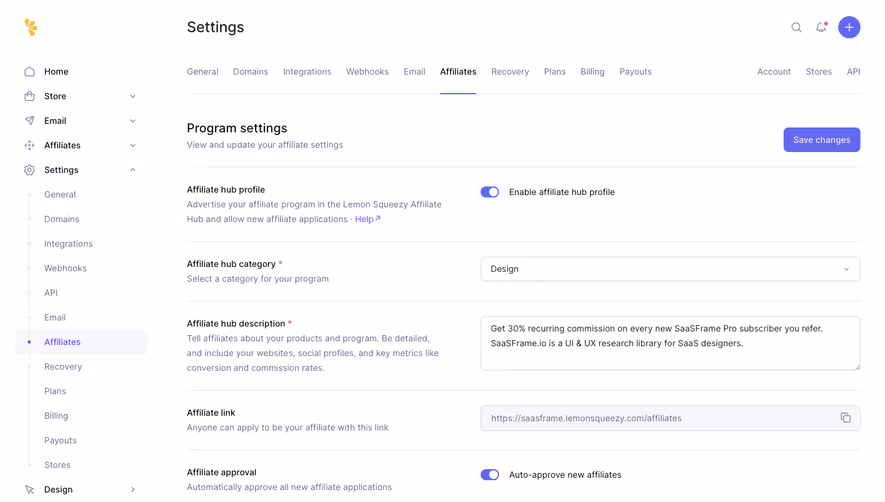 Lemon Squeezy Affiliates Settings