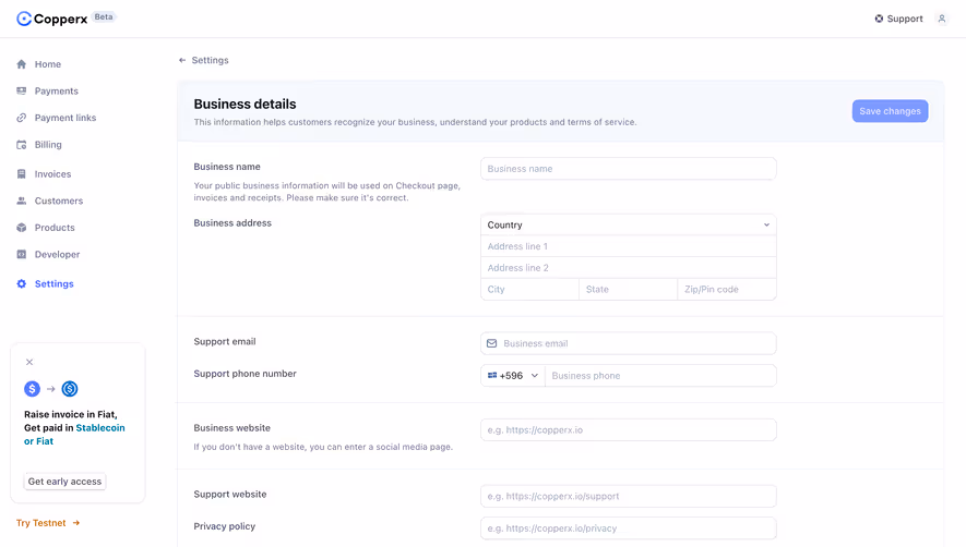 Copperx Business Settings