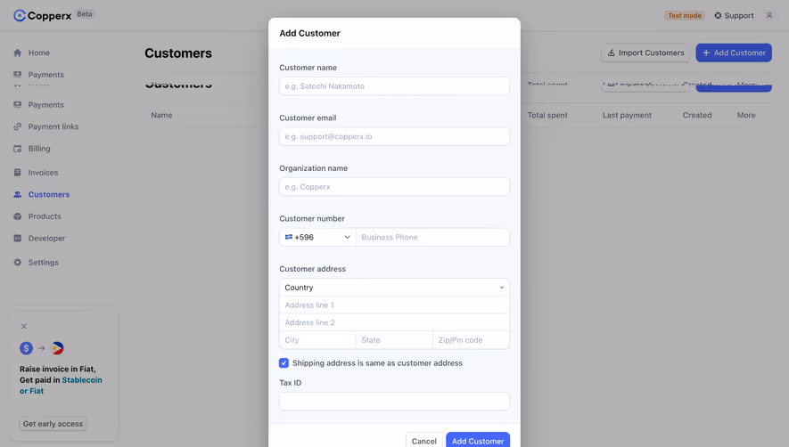 Copperx Add Customer