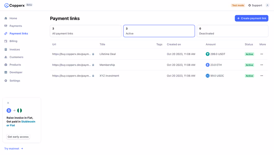 Copperx Payment Links Table