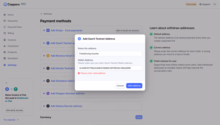 Copperx Add Crypto Address Error