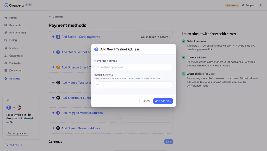 Copperx Add Crypto Address