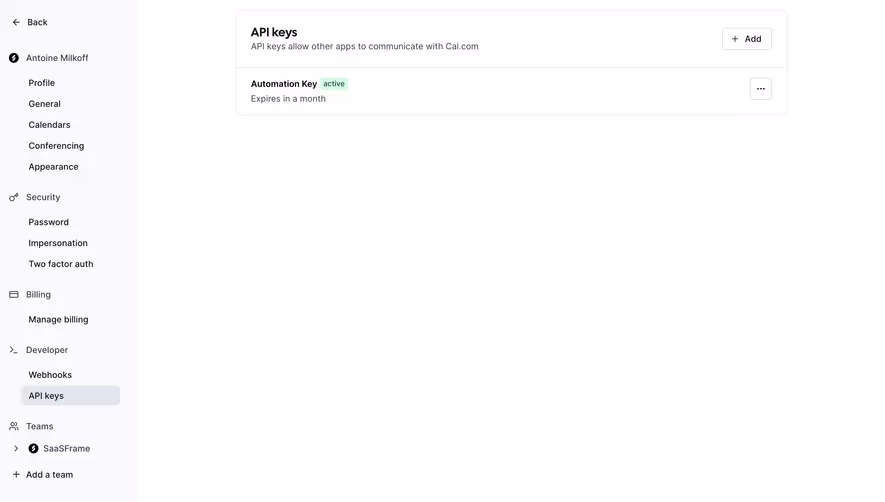 Cal.com API Keys Settings