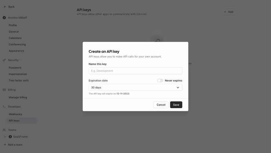 Cal.com Create API Keys