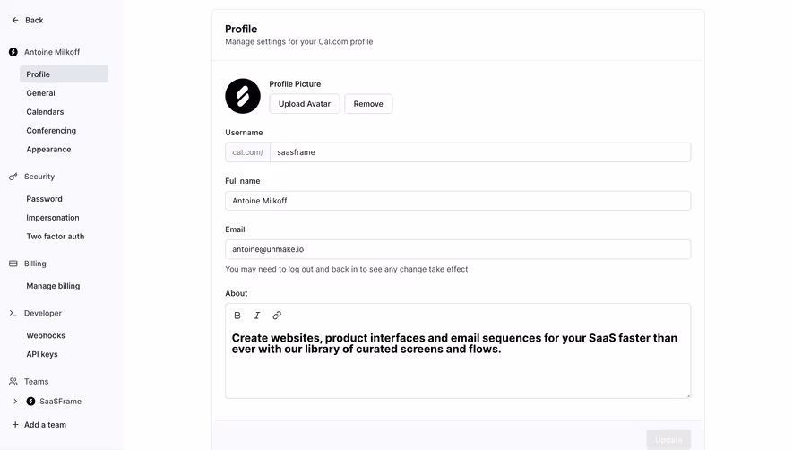 Cal.com Profile Settings