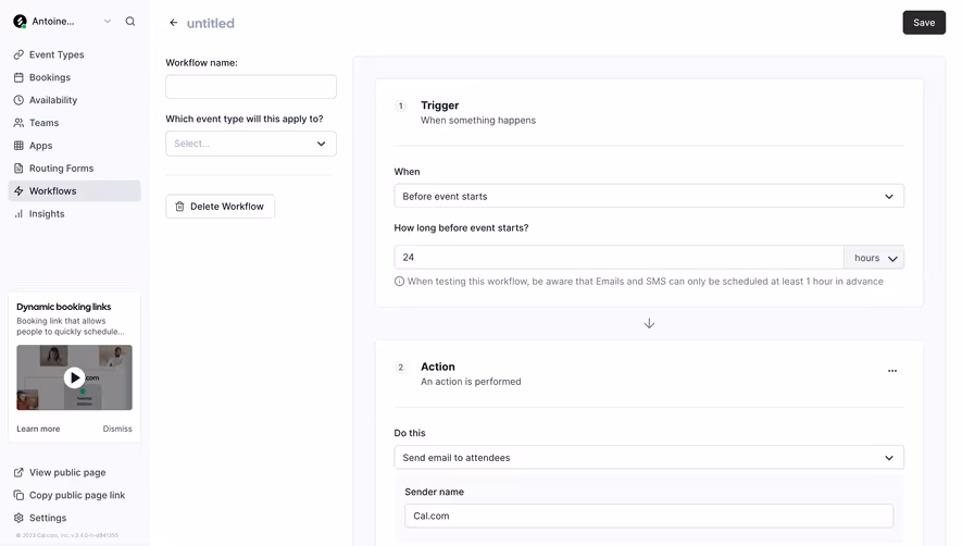 Cal.com Create Workflow