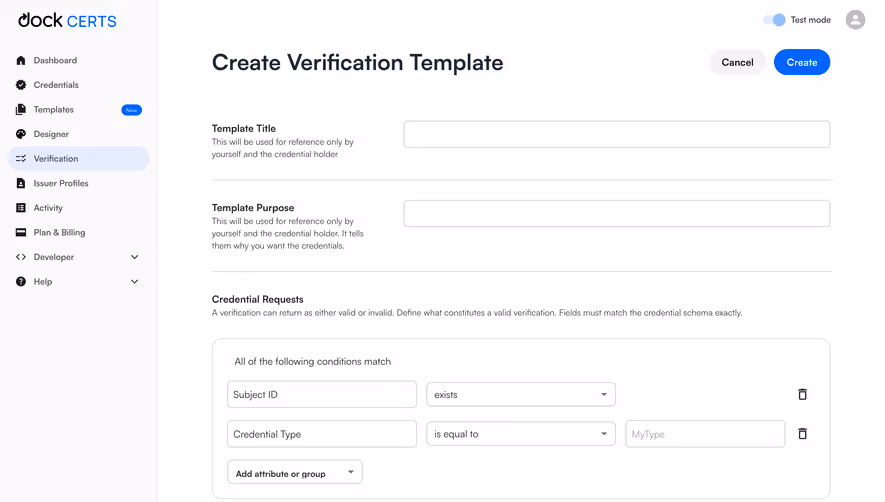 Dock Create Verification Templates
