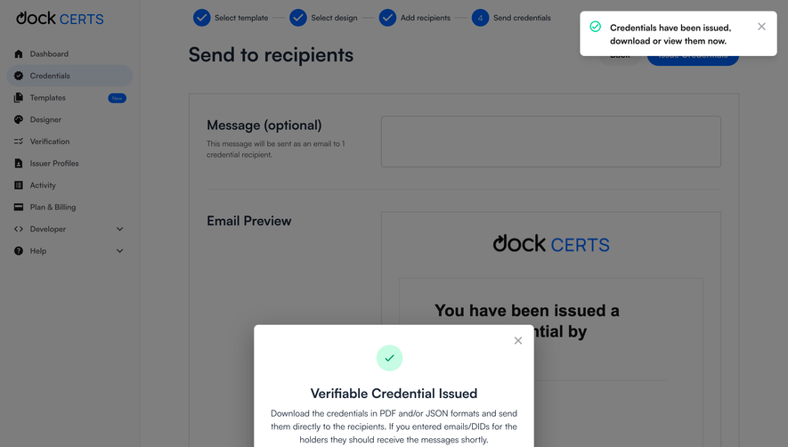 Dock Issuing Credentials Success