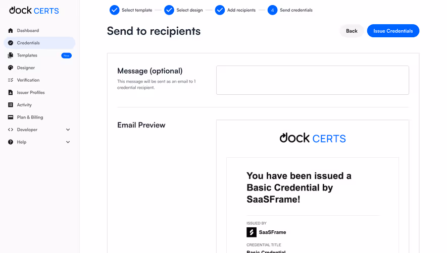 Dock Send Credential to Recipients