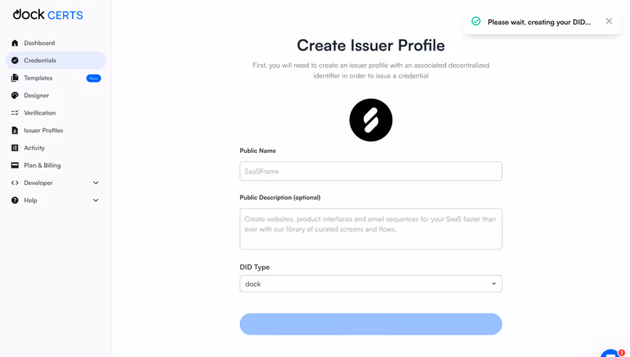 Dock Create Issuer Profile