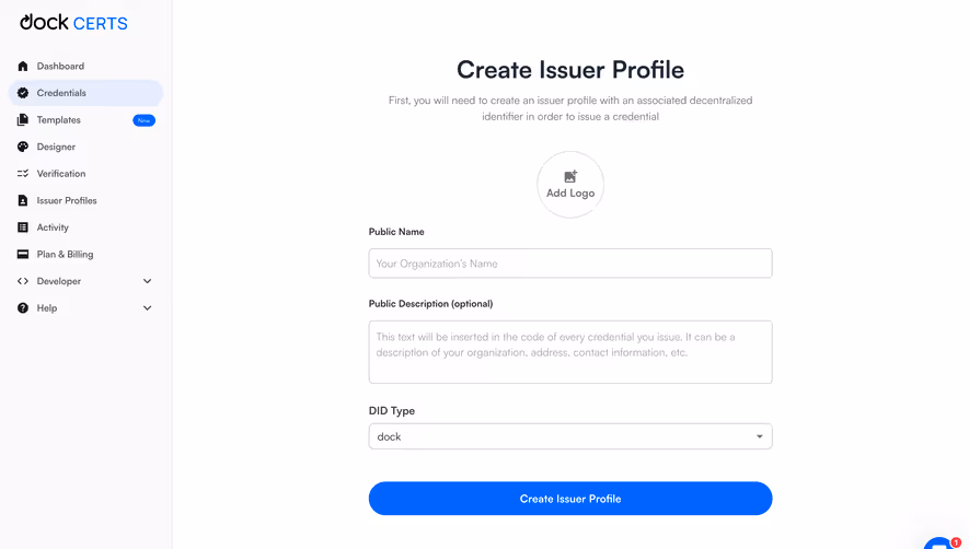 Dock Create Issuer Profile