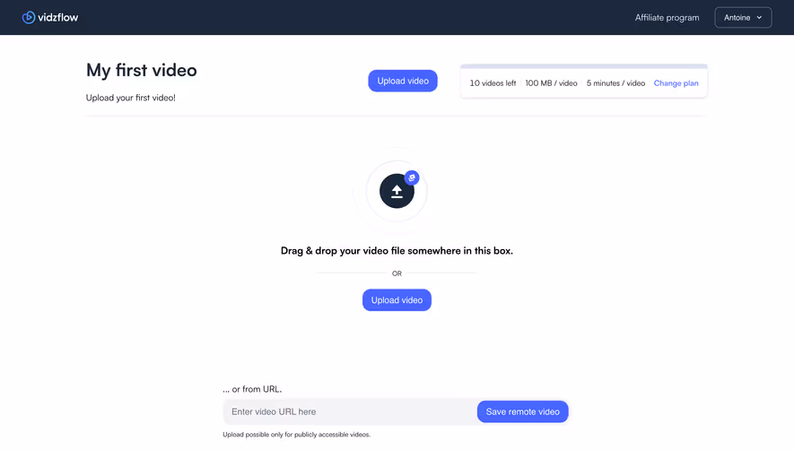 Vidzflow Welcome Screen