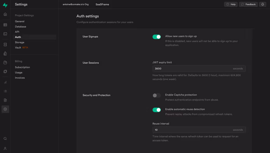 Supabase Auth Settings