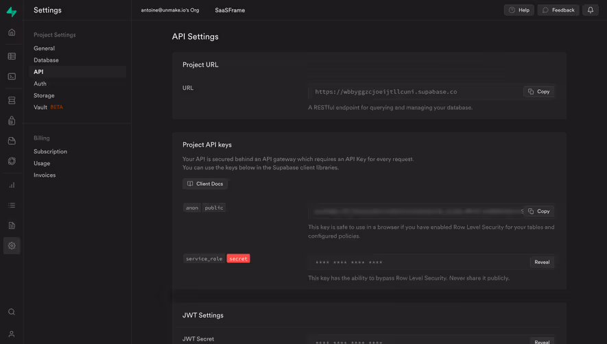 Supabase API Settings