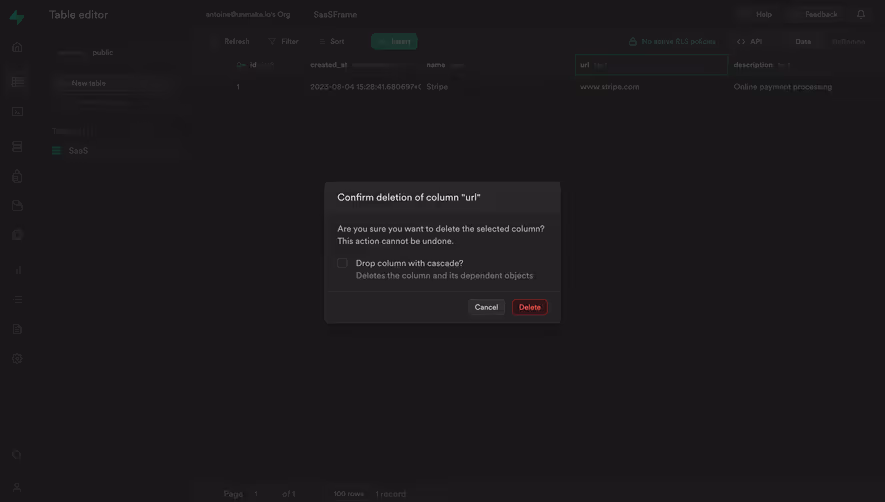 Supabase Delete Column Confirmation Modal