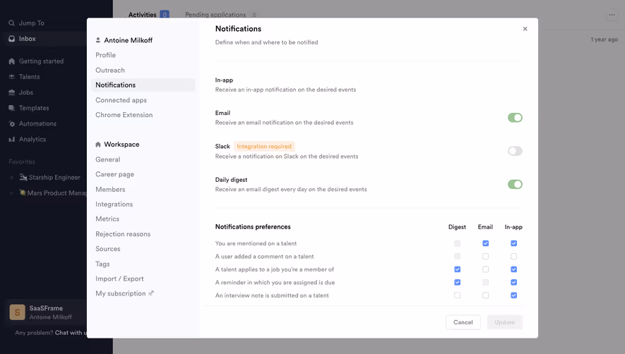 Crew Notifications settings