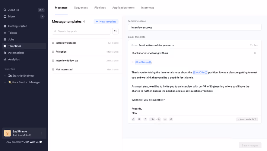 Crew Messages templates