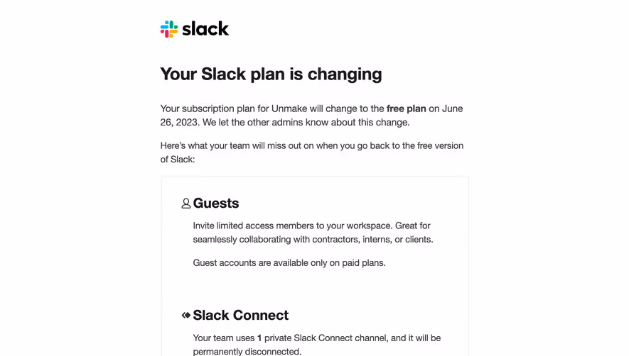 Slack Downgrade Confirmation Email