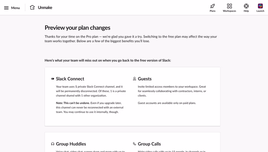 Slack Downgrade Plan