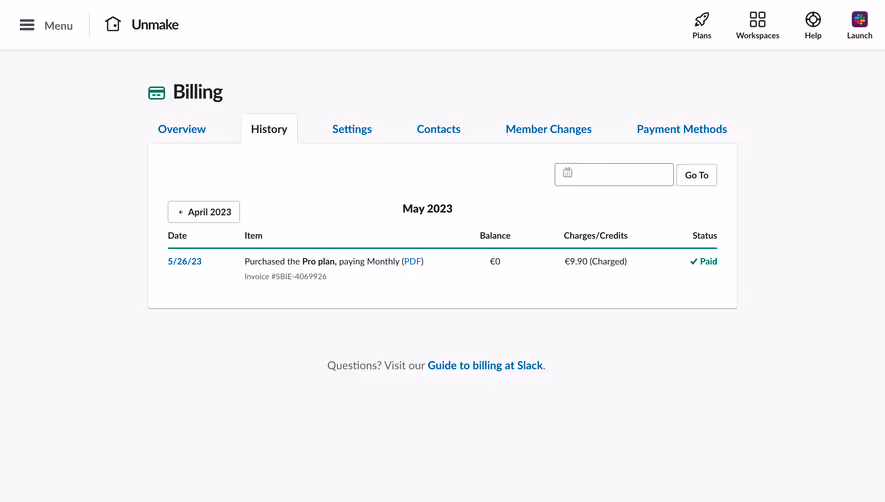 Slack Billing History