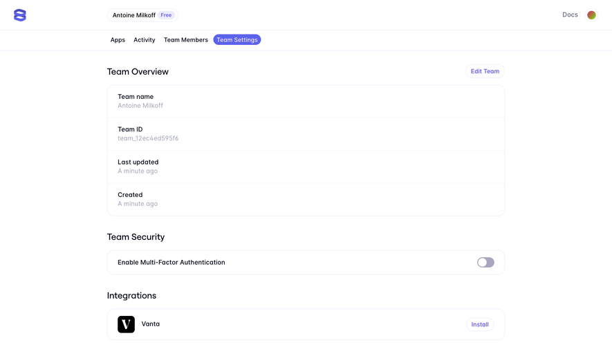 Evervault Team settings