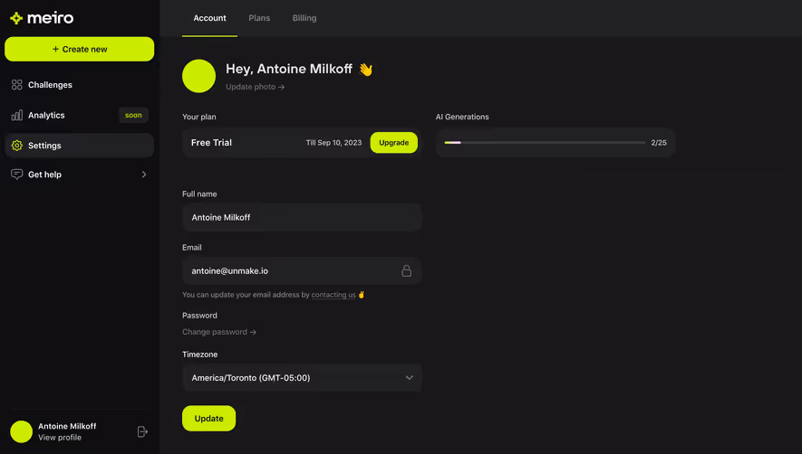 Meiro Account Settings