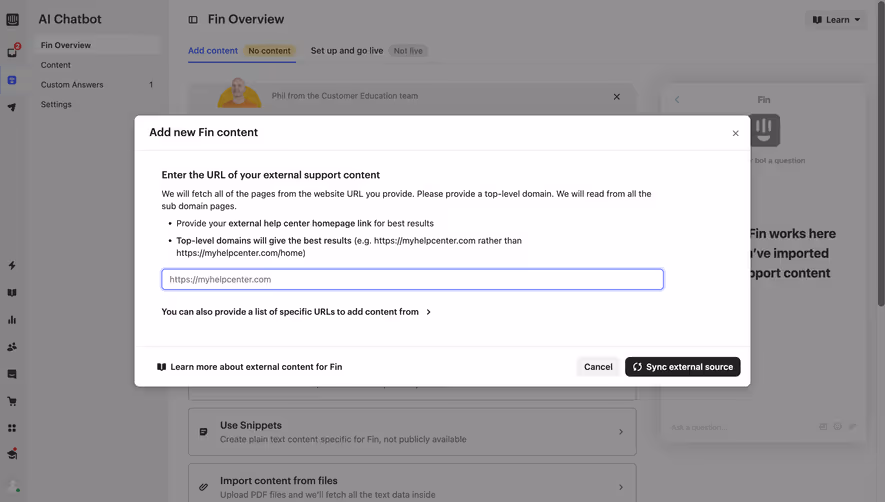 Intercom Add Chatbot Content