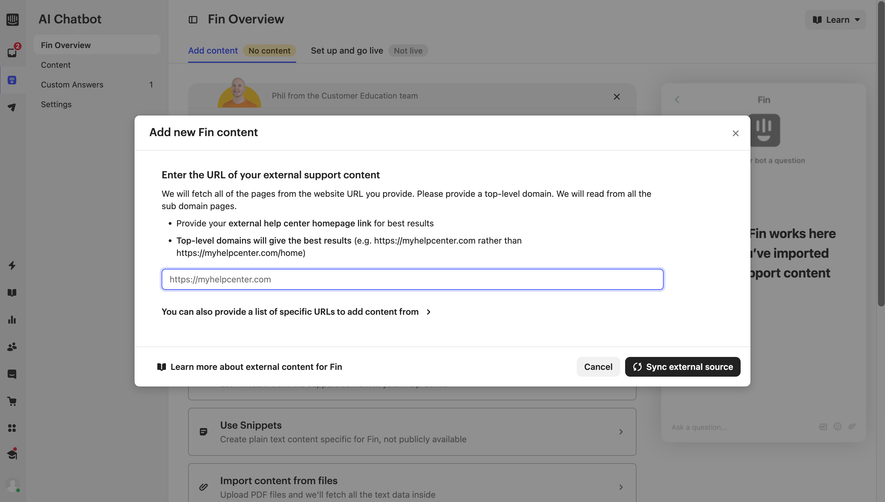 Intercom Add Chatbot Content