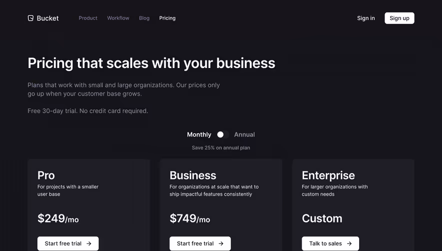 Bucket Pricing Page