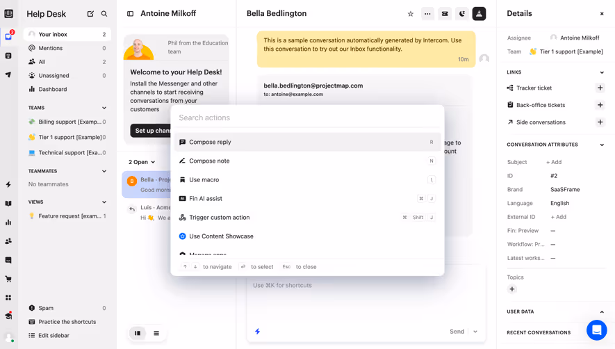 Intercom Search Actions Modal