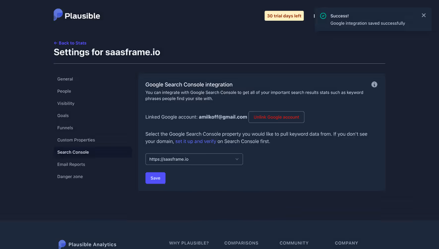 Plausible Analytics Google Search Console Integrated