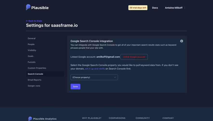 Plausible Analytics Select Google Search Console Property