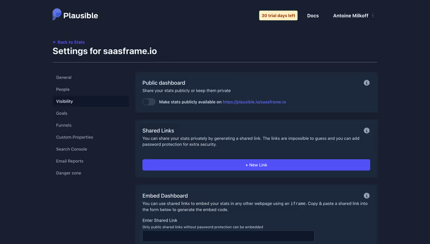 Plausible Analytics Visibility Settings