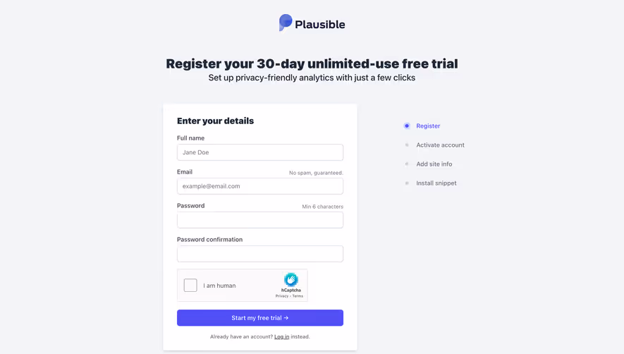 Plausible Analytics Signup