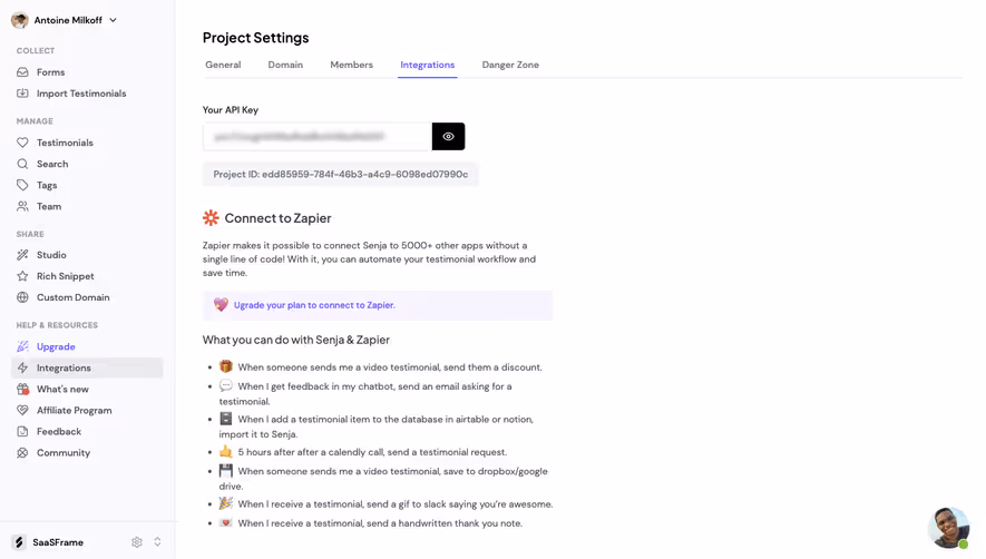 Senja Integrations Settings