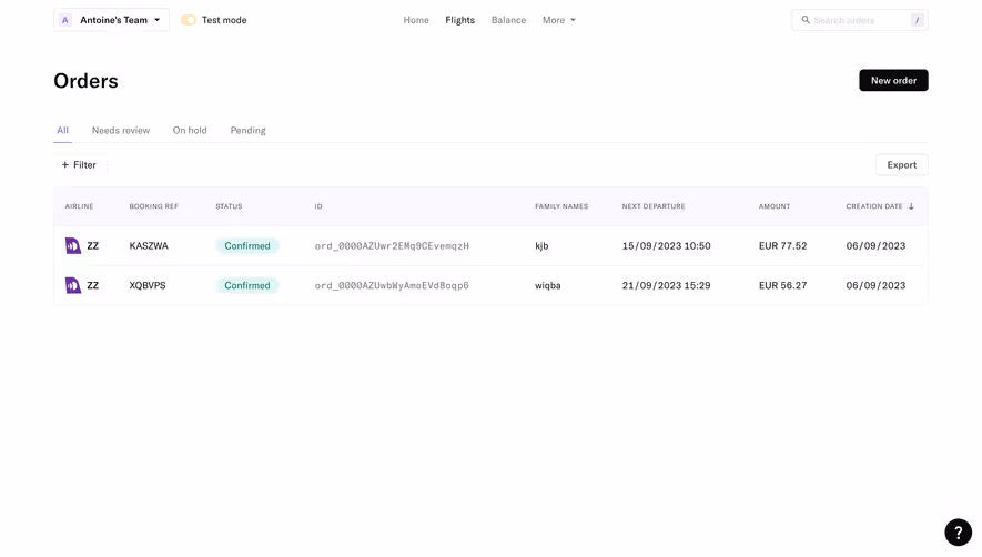 Duffel Order Dashboard