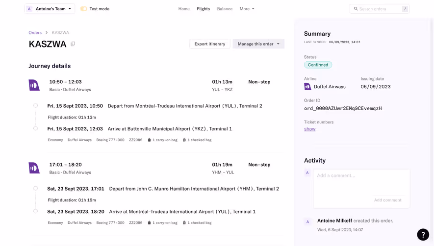 Duffel Order Confirmation