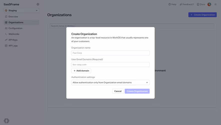 WorkOS Create Organization