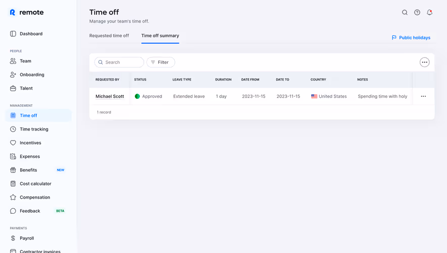 Remote Time Off Summary Table