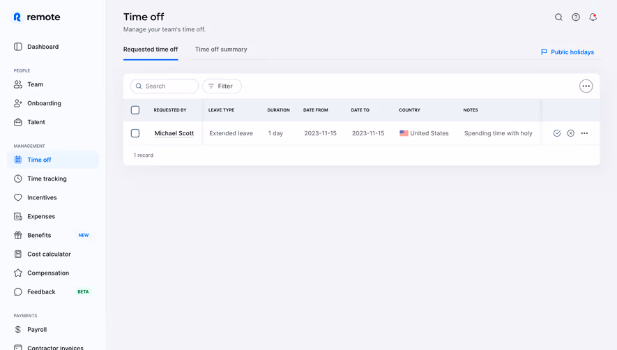 Remote Time Off Requests Table