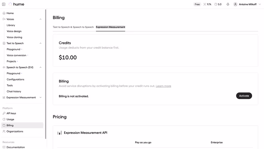 Hume AI Expression Measurement Billing