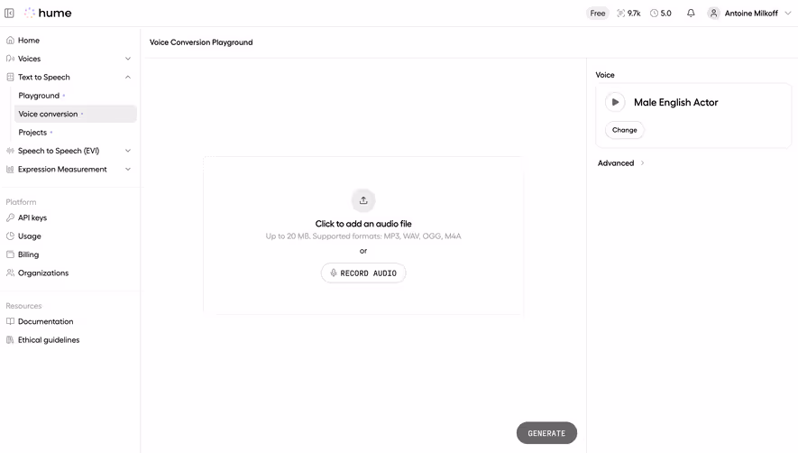 Hume AI Voice Conversion Playground