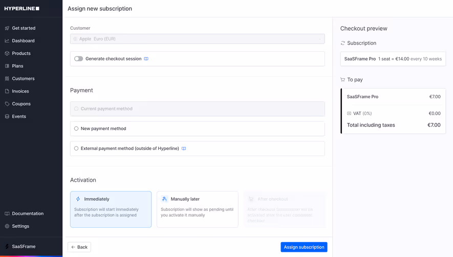 Hyperline Assign New Subscription